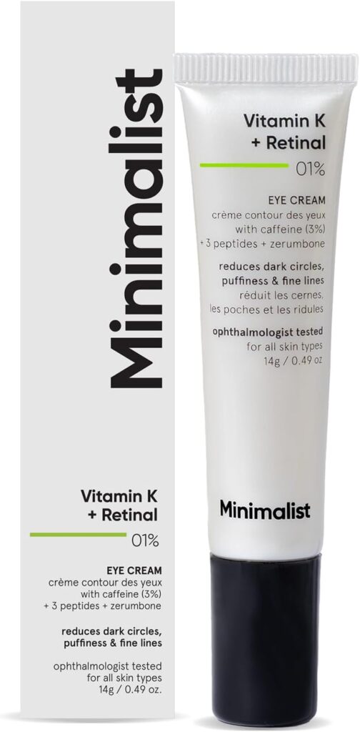 Minimalist Vitamin K + Retinal 01% Under Eye Cream | Reduces Dark Circles, Fine Lines | With Caffeine for Puffiness | For Women  Men | 14 gm